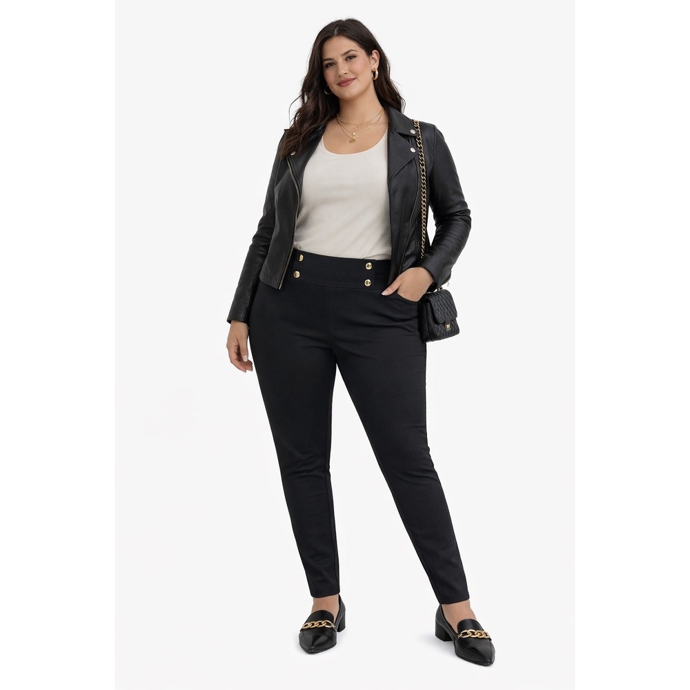 Fuego Moda Trousers Women 1X Black Gold Button‎ High Waist Slim Leg Office